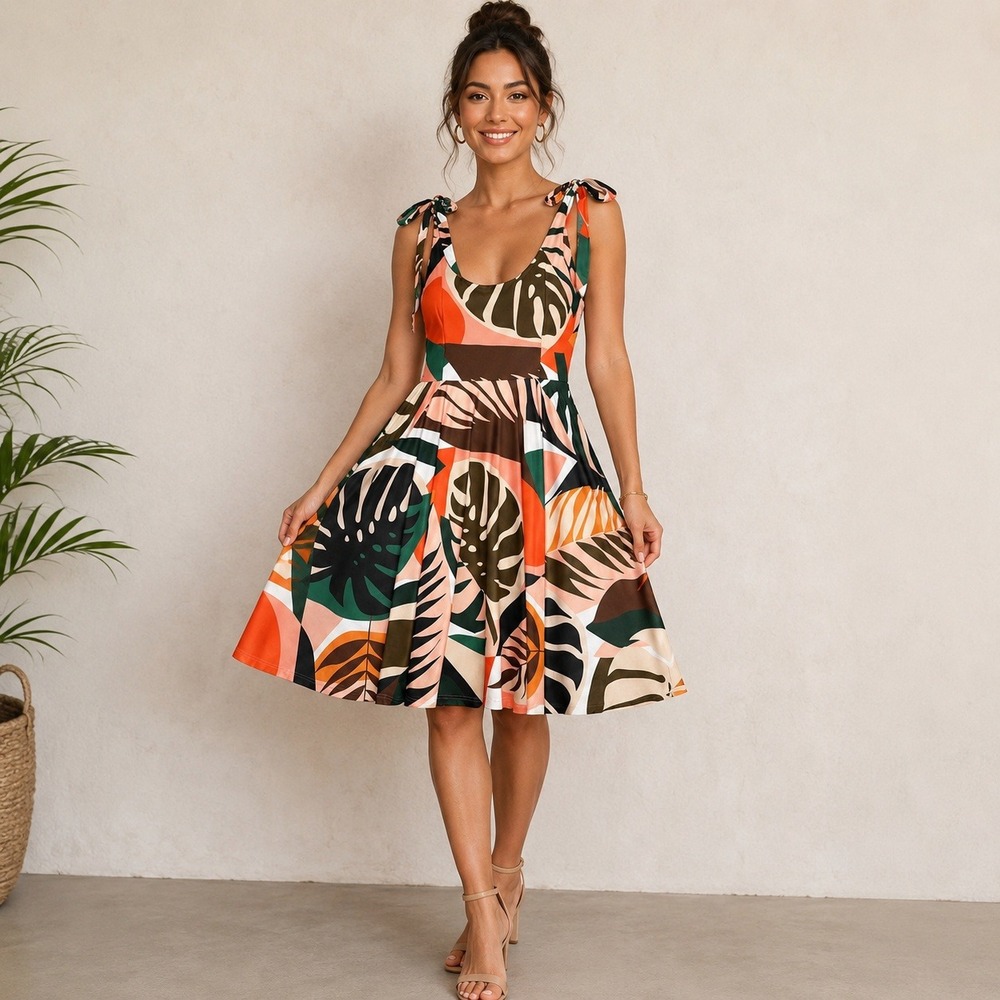 Hutch Tropical Monstera Leaf Print Tie Shoulder Fit Flare Dress Multicolor L